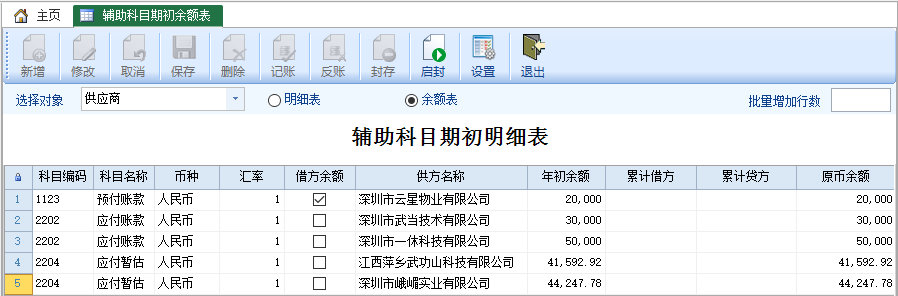 辅助科目期初明细表